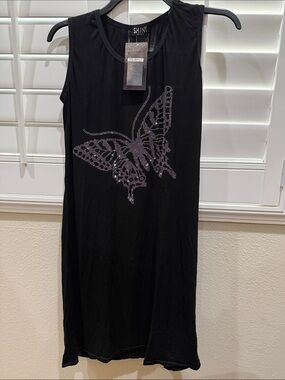 Black Sleeveless Stretchy Mini Dress with Rhinestone Butterfly NWT